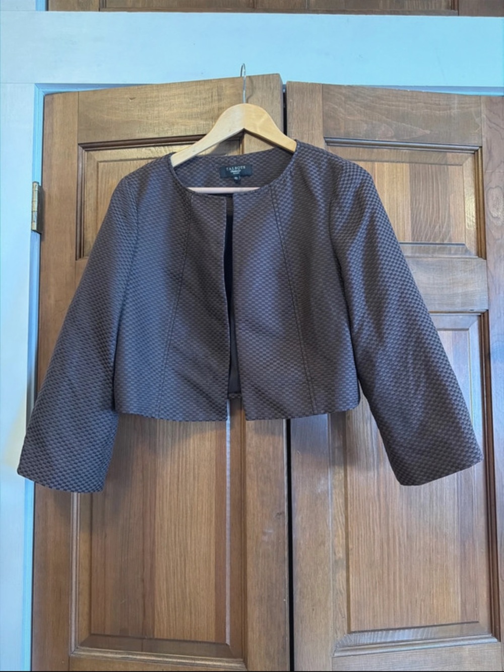 Talbots 12 Petite Textured Cropped Blazer jacket in Dark Brown